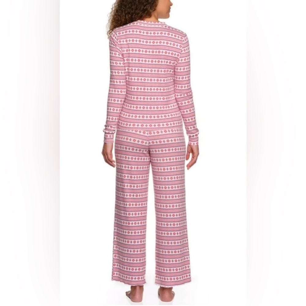LOFT Women’s Pointelle Knit Henley Pajama Set Cream/Snowflakes, Elastic Waist - Picture 4 of 8